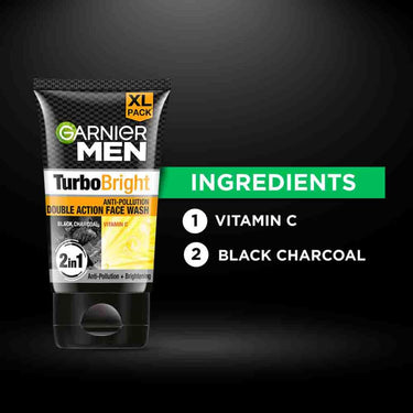 Garnier Men Turbo Bright Double Action Face Wash, Deep Cleansing Anti Pollution Face Wash with Charcoal and Vitamin C, Suitable for all Skin Types, 150g x2 (Pack of 2)